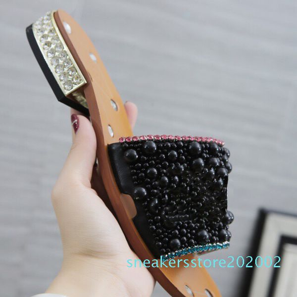

women's rhinestone low-heel slippers black pearl designer work summer women's sandals dress classic trend fashion big size 43 s02