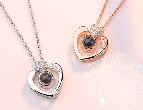 

new designers sell 925 silver-plated rose gold pendant fashion hip-hop 100 languages i love your heart-shaped diamond necklace jewelry