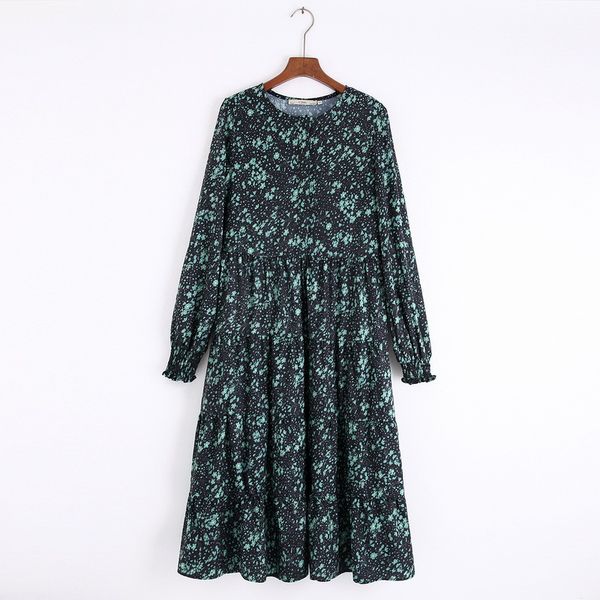 

casual dresses autumn women long dress 2021 fashion vintage prints pattern modern lady maxi o-neck feminino vestidos, Black;gray