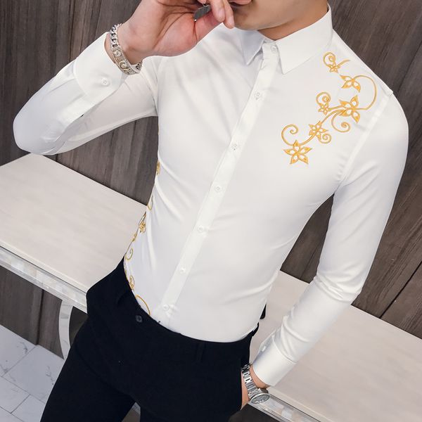 

white mens embroidered flower shirt 2020 new shirt wedding party camisa masculina autumn fashion casual shirts, White;black