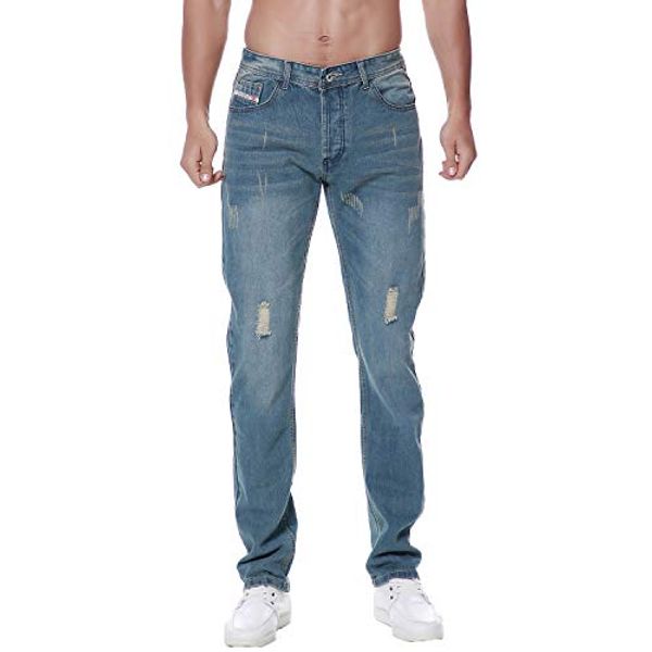 

previn men's ripped denim jeans distressed destroyed slim holes vintage biker straight pants, Blue