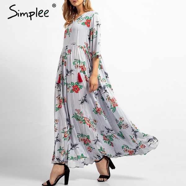 

simplee vintage floral print cotton dress women summer tassel lace up maxi dresses plus size casual beach female long vestidos, Black;gray