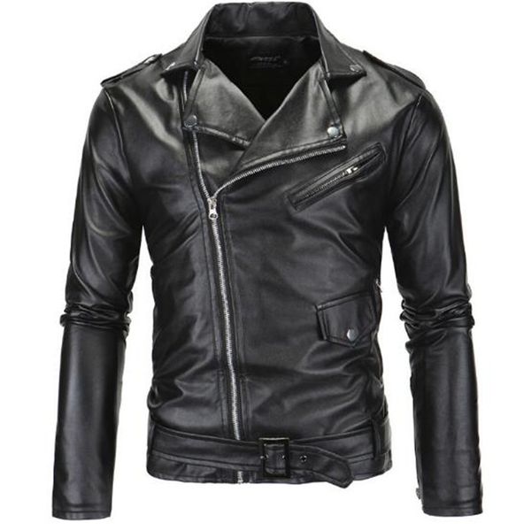 

xiu luo 2019 spring fashion motorcycle leather jacket men slim fit oblique zipper pu jacket autumn men leather jackets, Black