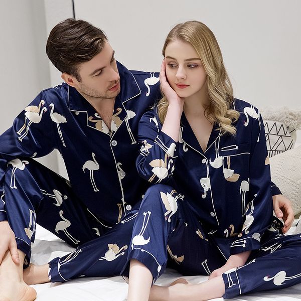 

spring and summer new products model silk couples pajamas suit collar long sleeve printed set flamingo cardigan pajamas, Black;red