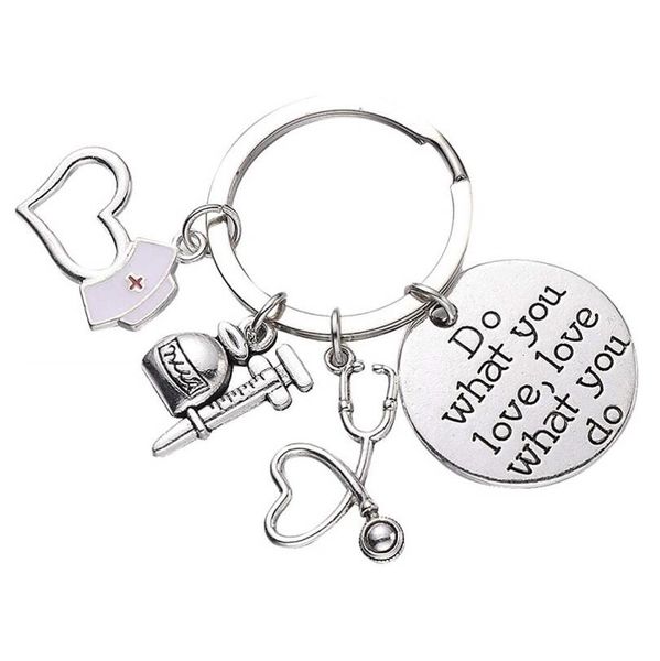 

doctor nurse keychain do what you love alphabet tag pharmacy bottle stethoscope heart-shaped nurse cap medical school graduation keyring, Slivery;golden