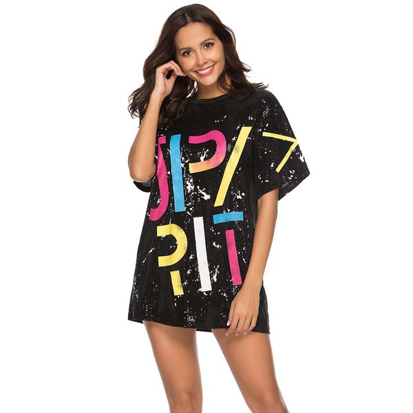 

designer women's t-shirt summer new sequined dress letter printed loose mid-length t-shirt short skirt size s-2xl--1, White