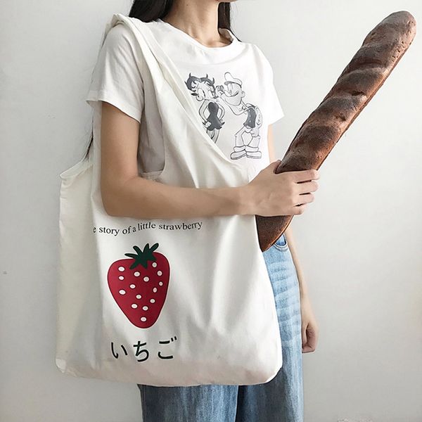 

women canvas shoulder tote bag chic fruit printed cotton cloth shopping bags female handbag ins reusable beach shopper bag