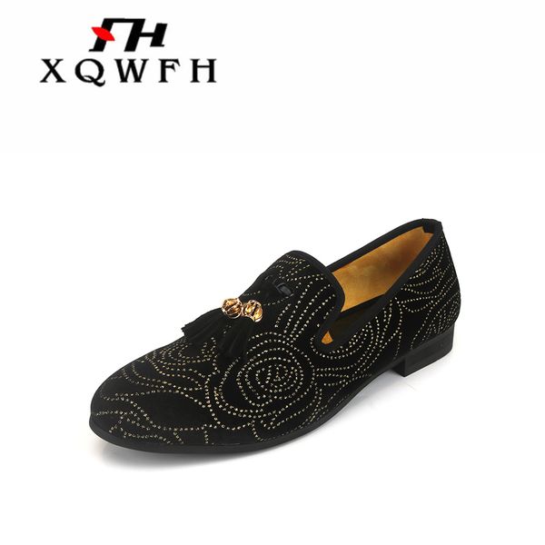 

new high-end european and american trend men's shoes embroidered shoes set lok fu personalized rivet rhinestone, Black
