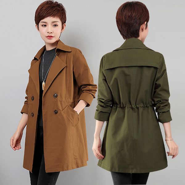 

2019 new spring autumn long windbreaker jacket women middle-aged mother slim waist double-breasted coat plus size x423, Tan;black