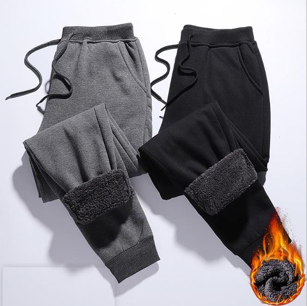 

winter brushed pants men's fleece thick camofleece casual trousers straight loose fashion sweatpants 5xl men bottoms joggers, Black