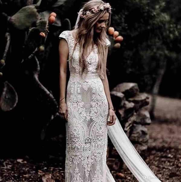 

vintage bohemian wedding dresses with sleeves 2020 new hppie crochet cotton lace boho country mermaid bridal wedding gown 100, White