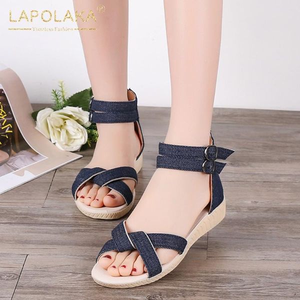 

lapolaka 2020 new arrivals denim buckle strap summer sandals woman shoes wholesale shallow leisure concise shoes women sandals, Black