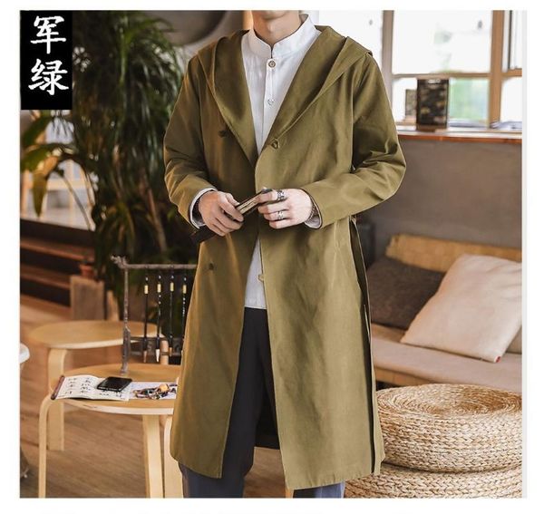 

2019 chinese-style men long sleeve trench coat retro embroidered loose and plus-sized oblique placket frog cardigan trench coat, Tan;black