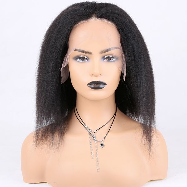 

clearance human hair lace front wigs brazilian remy human hair kinky straight pre-plucked natural hairline 180% density wigs, Black;brown
