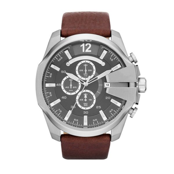 

горячие мужские dz4290 + 4291 хронограф серый / черный циферблат коричневые кожаные спортивные часы, Slivery;brown
