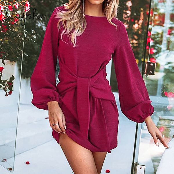 

cupshe elegant solid women bodycon mini dress 2019 new fashion clubwear o neck front knot sheath long sleeves slim bodycon, Black;gray