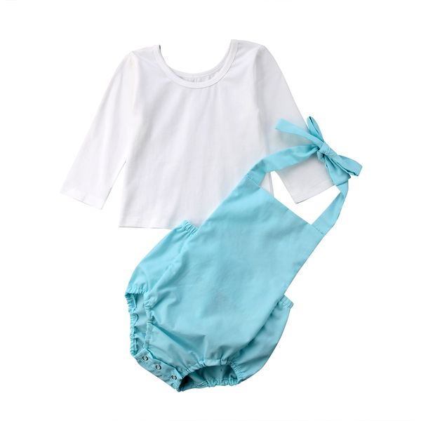 

2018 newborn baby girls long sleeve wite t-shirt romper 2pcs overalls blue outfits set solid summer cute set clothes, Pink;blue