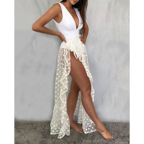 

women mesh sheer beach holiday ruffled sunscreen bikini cover up wrap belted bow knot tied long skirt summer holiday