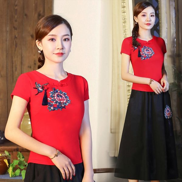 

l5493 национального стиль футболка национальность этнических групп 2019 коротких рукава небольшого стенда воротник вышивка хлопок сплетенног, White