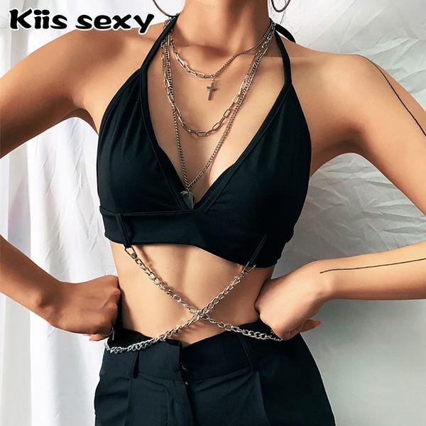 

summer women vest camis metal chain v-neck women camis fashion night club streetwear black crop zz93, White