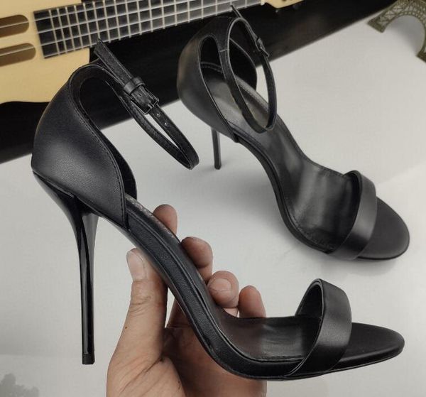 

[orignal box] a word with womens high heels 105mm ladies slingbacks sheepskin summer breathe buckle strap shoes 35-41, Black