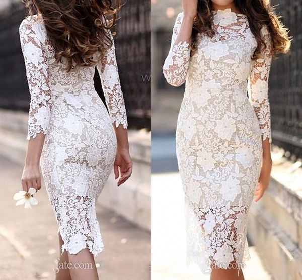 

New Vintage Lace Knee Length Sheath Fitted Wedding Dresses With 3/4 Sleeves Sheer Sleeves Country Wedding Bridal Gowns