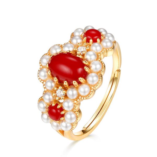 

s925 sterling silver rings luxury design ring women wedding rings red coral with pearl 100% natural zirconia ring for bride, Slivery;golden