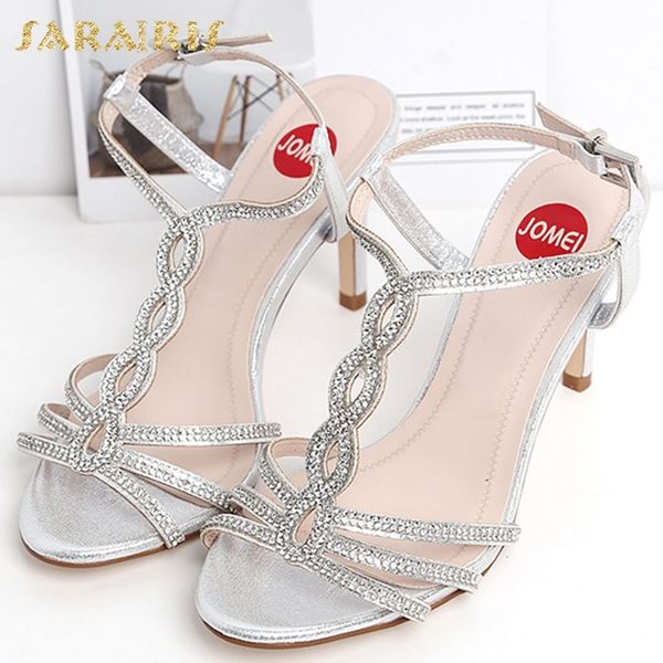 

sarairis 2020, nuevo diseÃ±o, sandalias de tacÃ³n alto para verano, zapatos de mujer, zapatos con hebilla, correa de cristal sÃ³lido, zapatos, Black