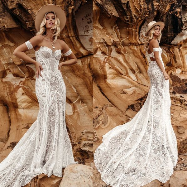

2020 elegant mermaid wedding dresses strapless lace applique wedding gowns illusion bodice sweep train vestidos de novia, White