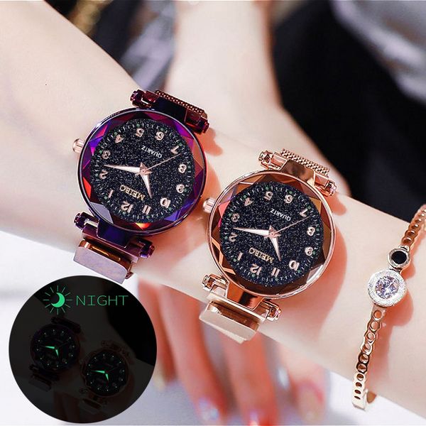 

starry sky magnetic buckle fashion women watches diamond surface female wristwatches luminous lady quartz watch, Slivery;brown