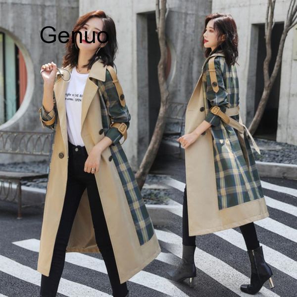 

women's trench coats patchwork plaid coat for women windbreaker casual korean fashion belt female womens clothing overcoat outwear, Tan;black