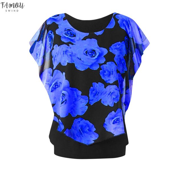 

2019 summer modern lady womens fashion round neck plus size sleeve print double layer casual loose top, White