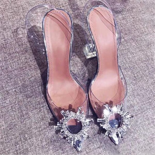 

women's luxury transparent sandals with pointed toes summer 2020 new word with water diamond baotou heels, Black