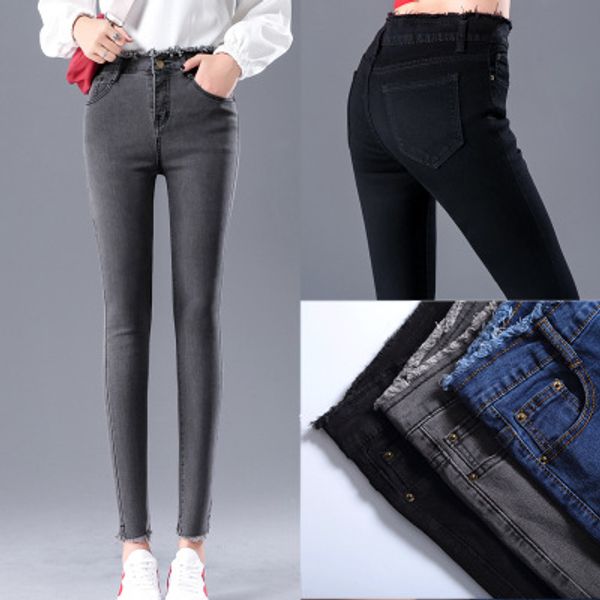 

высокая талия джинсы новой узкий облегающая бахромой девять карандашного брюки sexy fashion популярного, Blue