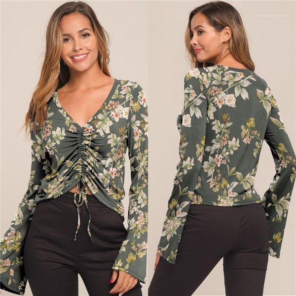 

v образным вырезом flare рукавом drawstring panelled женские тройники повседневная женская одежда цветочный принт женские дизайнерские футбо, White