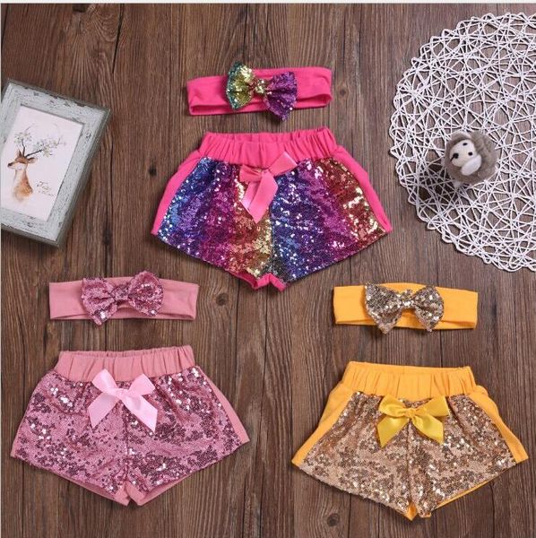 

kids designer clothes girls sequins shorts headband sets baby bowknot glitter pants boutique dance shorts costume casual party pants b5902, White