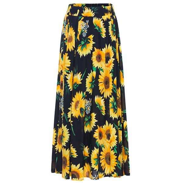 

summer sunflower a-line printed skirt for women 2019 bohemian elastic waist beach skirt long beach woman, Black