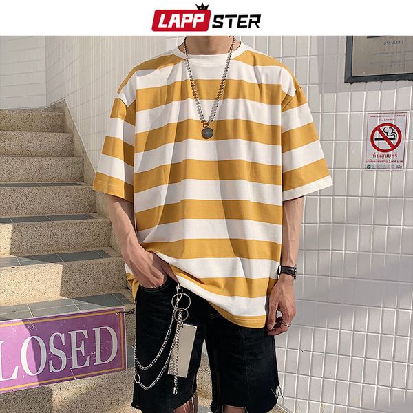 Lappster Men Streetwear Striped Tshirt 2020 Летний Мужчина Смешной хип-хоп Свободная футболка Мужской Урожай Мода Tees Повседневная Желтые Товеры