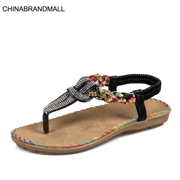 

women bohemia sandals bling thong women t strap flats beading beach shoes comfortable 2020 new summer fashion sandals, Black