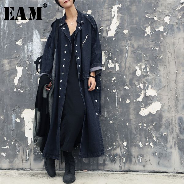 

eam] 2019 spring new oversize jacket buttons single breasted irregular stitching hem ladies fashion denim windbreaker ba8, Tan;black