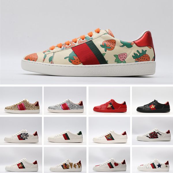 

ace luxury designer shoes for men women bee snake tiger strawberry luxe fashion white black red leather casual shoes run walking sneakers, White;red
