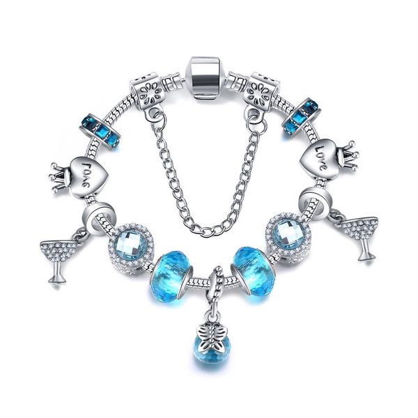

new fashion charm bracelet 925 silver bracelets blue crystal beads for valentine birthday gifts diy jewelry, Golden;silver