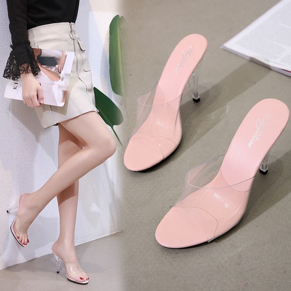 

2019 women slippers peep toe summer pvc transparent shoes women sandals clear slippers slides shallow high heels /10cm slipper, Black