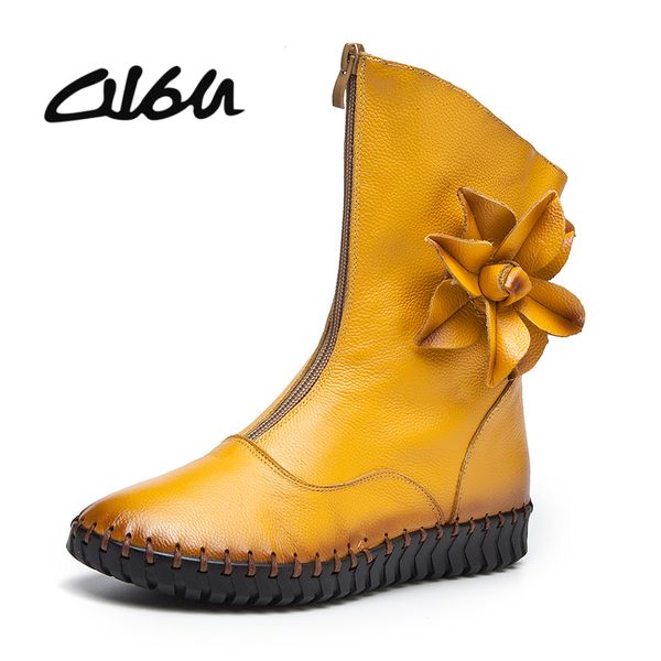 

o16u 2018 winter mid calf boots flat women genuine leather zip vintage high booties riding ladies flower sewing large size shoes, Black
