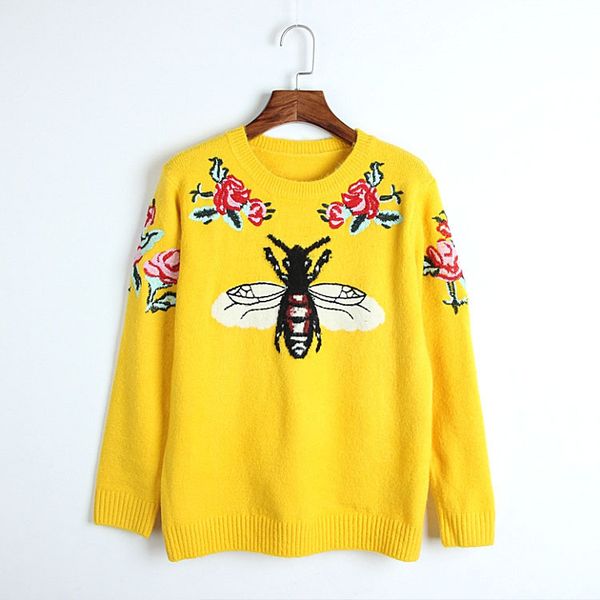 

2020 new embroidered bee flower sweater spring autumn luxury slim fit female designer sweater fashion thick section women sweater knit, White;black