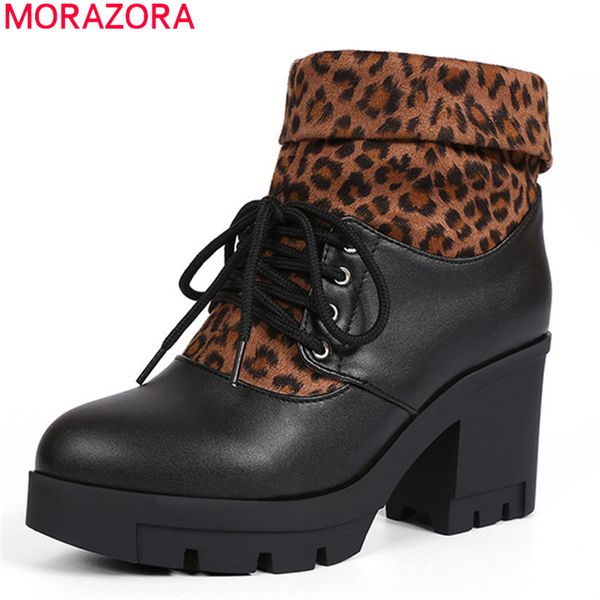 

morazora 2020 new arrival women ankle boots lace up leopard high heels platform boots round toe autumn casual shoes ladies, Black