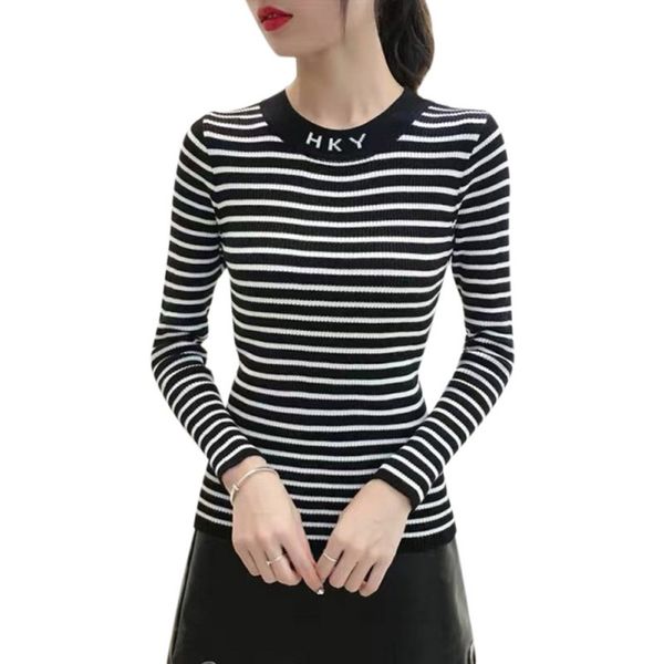 

women autumn winter stripes print slim long-sleeved round collar slim bottom knit sweater, White;black