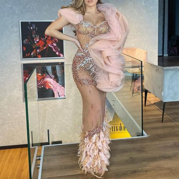 

2020 new arrival luxury dresses mermaid with feathers sweetheart tulle reflled saudi arabic custom made pageant long prom gowns, White;black