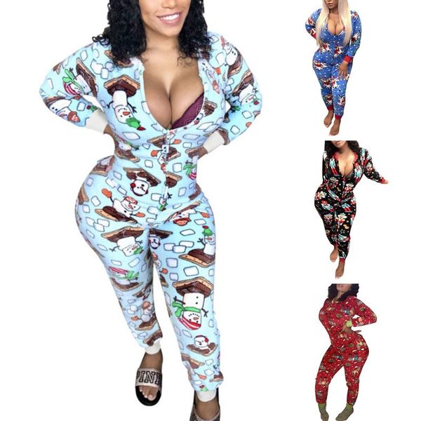 

women jumpsuit cotton nightwear christmas printed long sleeve deep vneck pajamas, Black;white