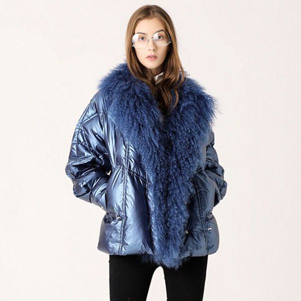 

natural fur collar short down jacket women streetwear thickening warm winter white down coat female long sleeved outerwear mujer, Black